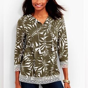 Talbots Womens Top Green White Leaf Print Tie Neck Tunic Lace Trim Vacation XS